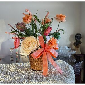Flat Back basket full of gorgeous Spring Flowers and a Shiny Peach Bow